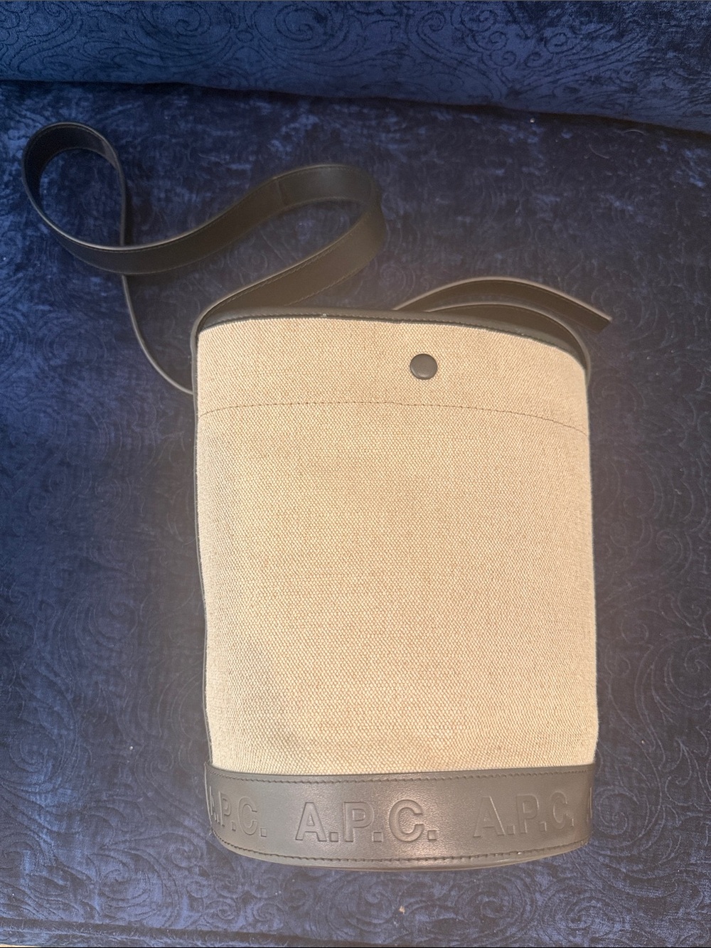 A.P.C. HELENE Beige Canvas Crossbody Bucket bag with Black Leather Trim